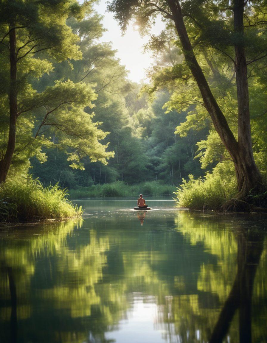 A serene, tranquil landscape featuring a calm, peaceful lake surrounded by lush trees, with a person meditating on the shore. Soft rays of sunlight break through the canopy, casting gentle reflections on the water. In the distance, subtle hints of telecommunication signals are blended into the natural scene, symbolizing privacy amidst technology. Emphasize a sense of harmony and serenity. super-realistic. tranquil colors. soft focus.