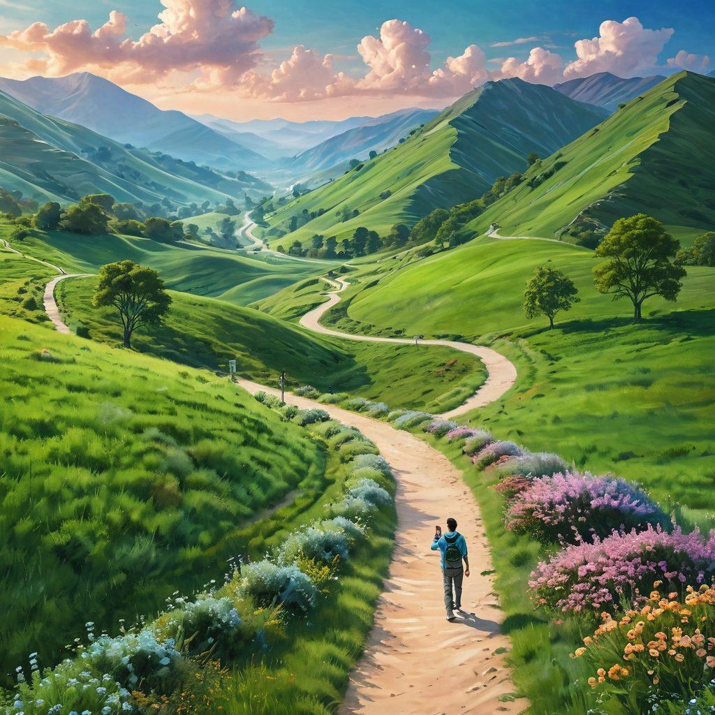 An ethereal landscape showcasing a serene path winding through vibrant green hills, symbolizing the journey to peace. Alongside the path, figures representing diverse telemarketers are harmoniously interacting with their phones, surrounded by floating icons of regulations like shields and checkmarks. The sky radiates soft pastel colors, conveying calmness and satisfaction. Overall scene should evoke a sense of balance between work and tranquility. super-realistic. vibrant colors. peaceful atmosphere.