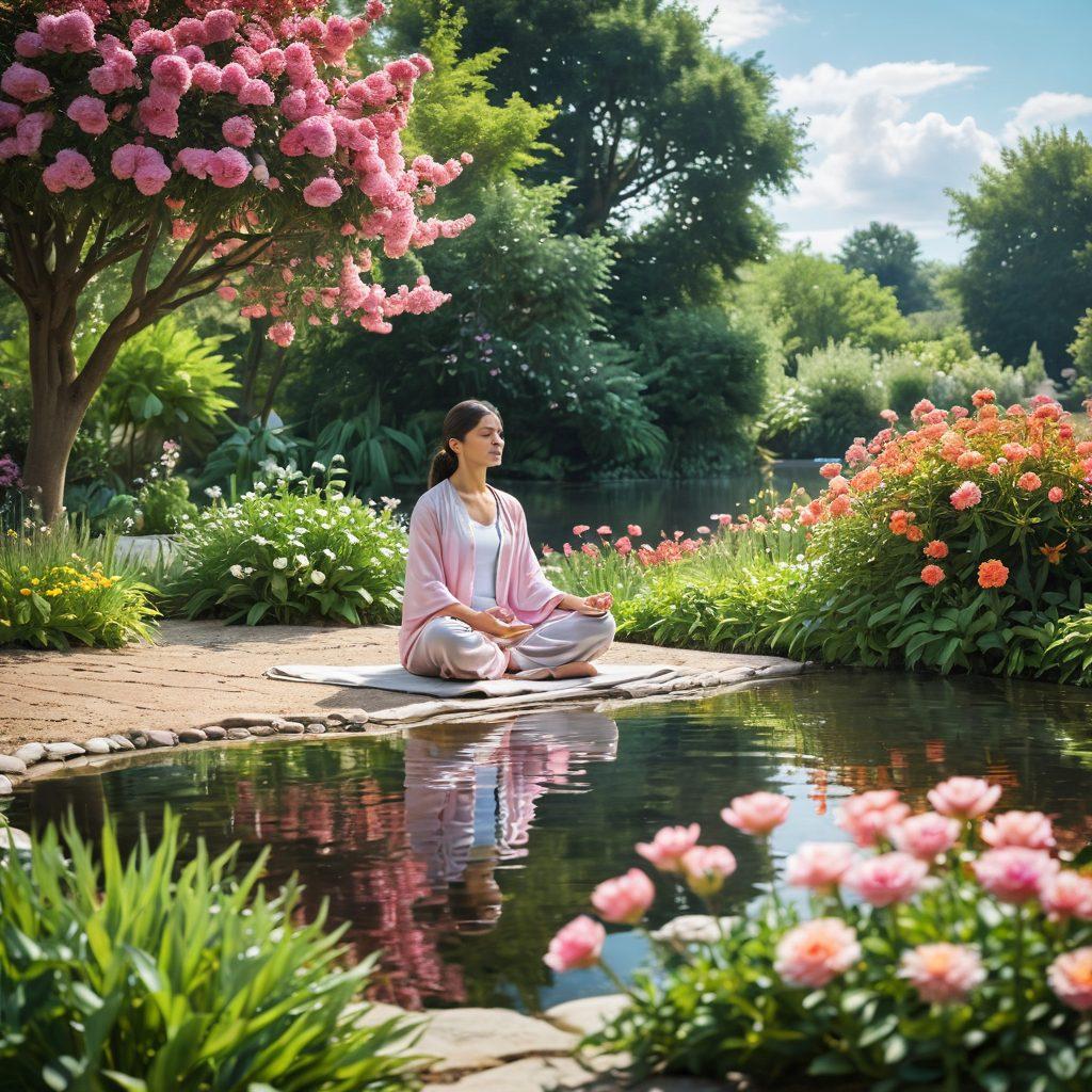 A serene landscape featuring a peaceful garden with soft, flowing water, surrounded by lush greenery and vibrant flowers. In the foreground, a person meditating while holding a phone off to the side, symbolizing the protection from unwanted calls. The sky is a calming pastel hue, reflecting tranquility and joy. soft focus, vibrant colors, super-realistic.